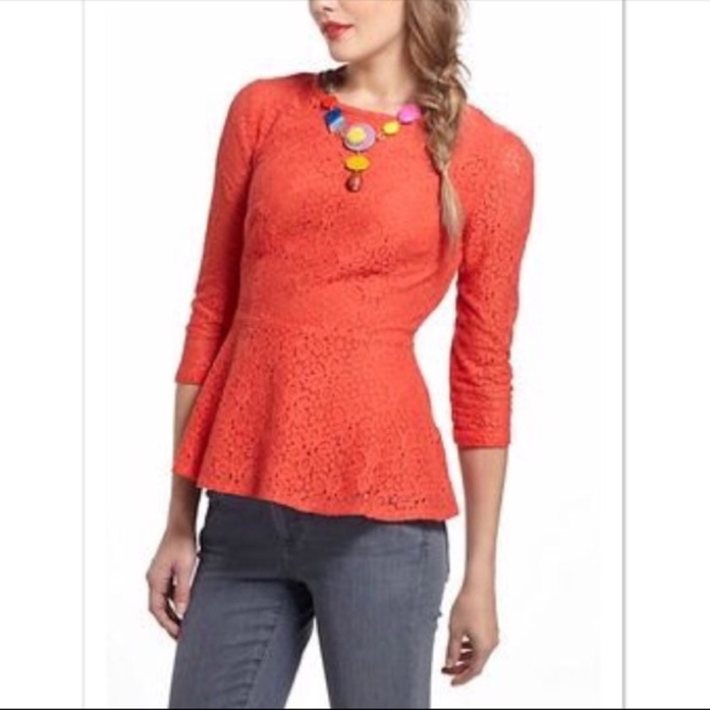 Anthropologie Orange Lace Peplum Blouse Size 2
